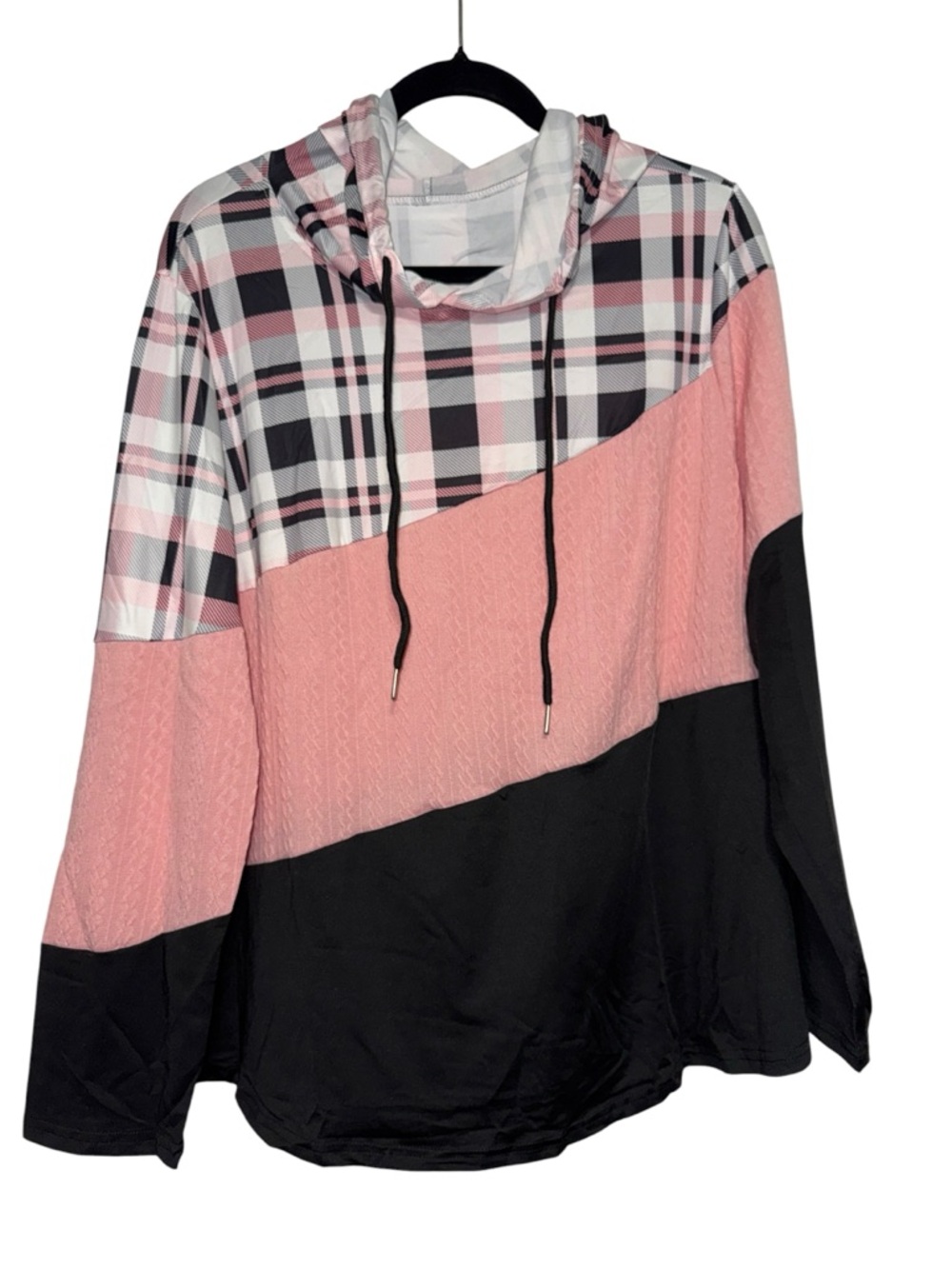 Plaid & Colorblock Hooded Pullover - Pink, Black, White Size XL